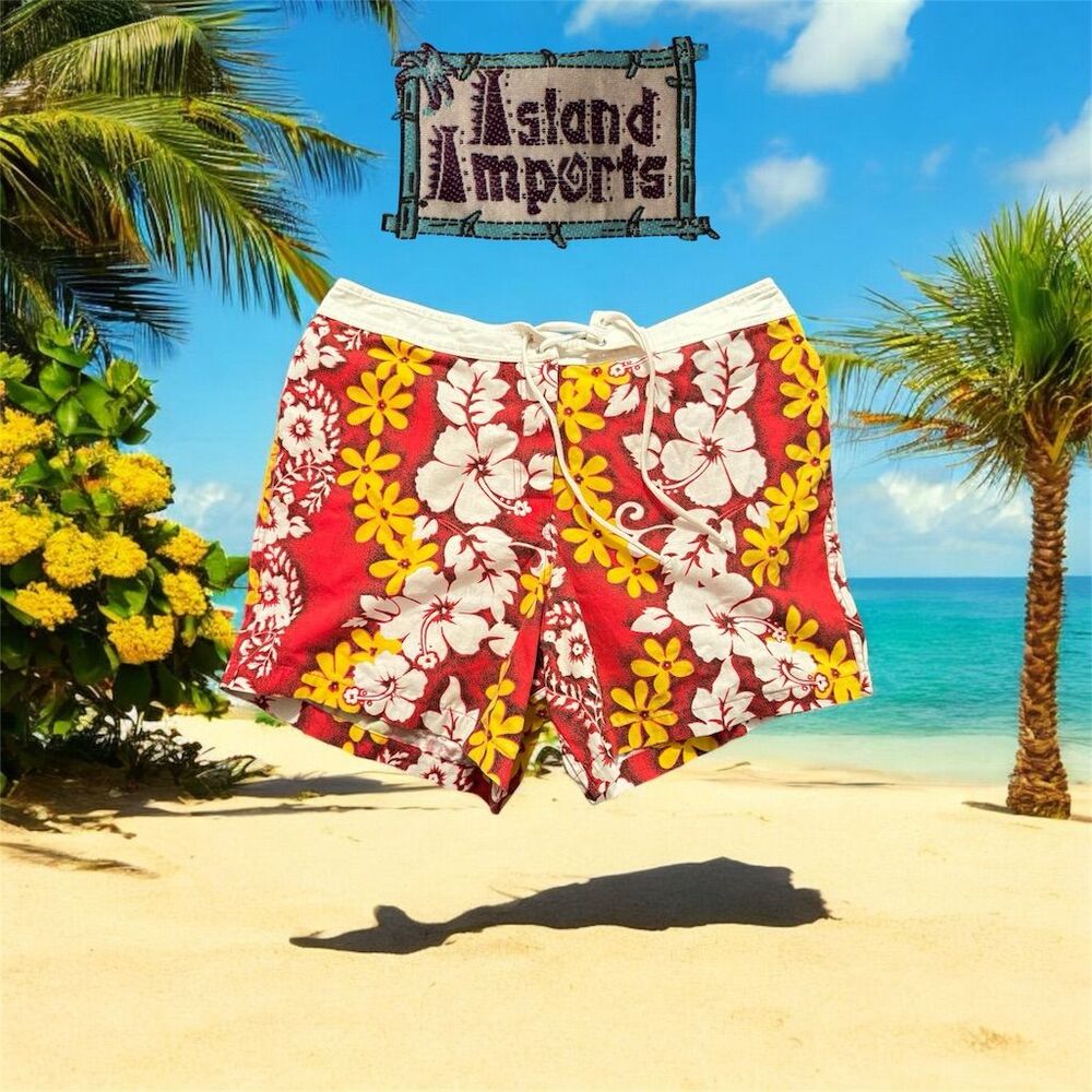 Vintage island Imports Men's XL Red Floral Hawaiian Board Shorts